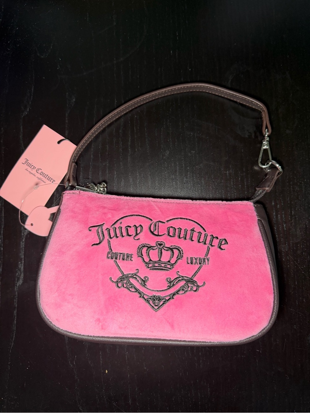 Juicy Couture Girlie Royalty mini wristlet hot pink Love Potion velour purse NWT